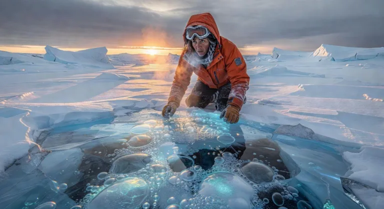 A dramatic scene of a climate scientist looking at Antarctic ice with methane gas bubbles trapped beneath, cinematic lighting, emotional expression, realistic detail