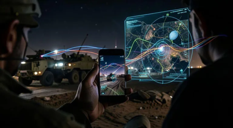 A dramatic scene showing a citizen holding a smartphone capturing military vehicles in Iran, with digital data streams flowing from the phone to satellite imagery and missile targeting systems, futuristic holographic interface overlay, night time setting, photorealistic style
