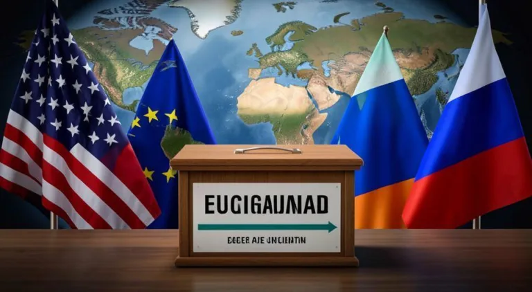 A dramatic scene showing international flags including US, EU, and Russian symbols focused on a Hungarian election ballot box, with a world map in the background, photorealistic style.
