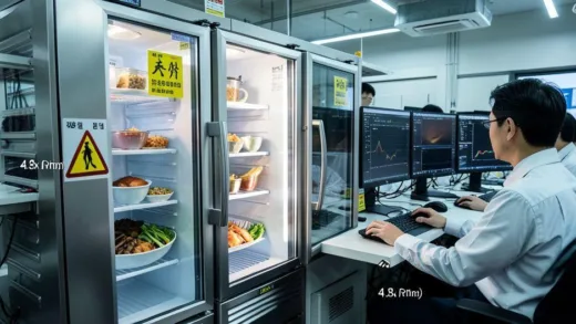 A dramatic scientific research scene showing a refrigerator with homemade side dishes, with warning signs and 4.8x magnification indicators, in a modern laboratory setting with Korean researchers analyzing data on computer screens.