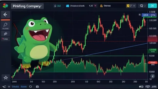 A dramatic stock market graph showing a sharp decline with Baby Shark character in the background, representing Pinkfong Company's stock crash on a digital trading screen in 2026.