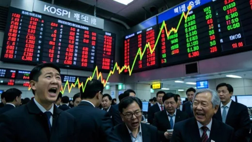 A dramatic upward line chart of KOSPI index breaking through 6,380 level, with a mix of fear and excitement on traders' faces, modern stock exchange atmosphere, digital display boards showing red and green numbers