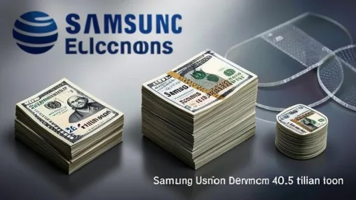 A dramatic visual comparing stacks of money: one stack labeled 'Government Emergency Budget 26.2 trillion won', a larger stack labeled 'Samsung Union Bonus Demand 40.5 trillion won', and smaller stacks for R&D investment and shareholder dividends. Background shows Samsung Electronics logo and semiconductor wafers for scale.