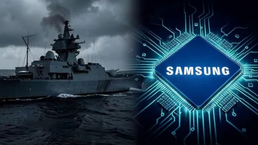 A dramatic visual contrast showing geopolitical tension with warships on one side and glowing semiconductor chips with Samsung logo on the other, representing the conflict between market risk and stellar earnings.