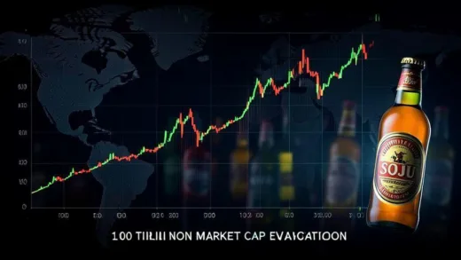 A dramatic visual showing global liquor market trends with declining stock charts and Soju bottles fading away in the background, representing the 1100 trillion won market cap evaporation.