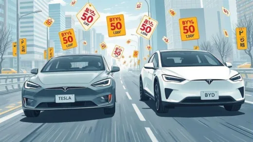 A dynamic illustration showing Tesla and BYD electric cars racing on a Korean city road, with price tags and discount symbols floating around, representing intense competition in the Korean EV market.