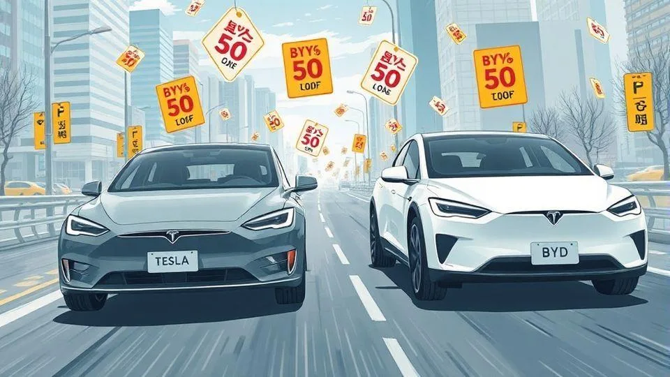 A dynamic illustration showing Tesla and BYD electric cars racing on a Korean city road, with price tags and discount symbols floating around, representing intense competition in the Korean EV market.