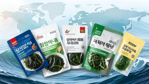 A dynamic image showing various Korean seaweed products (gim) being exported globally, with a subtle background of ocean waves and a world map. The packaging is modern and appealing, highlighting its global reach.