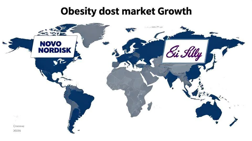A dynamic infographic showing the obesity drug market growth from 2024 to 2026, with two major pharmaceutical company logos (Novo Nordisk and Eli Lilly) competing on a global map with rising revenue charts.