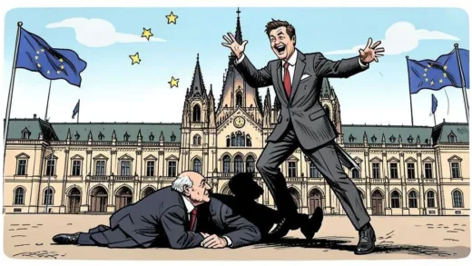 A dynamic political cartoon showing a new, energetic leader (Magyar) standing over the defeated shadow of an old leader (Orbán) in front of the Hungarian Parliament building, with European flags subtly in the background, symbolizing change and hope in Hungarian politics.