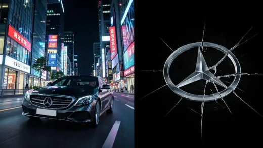 A dynamic split image showing, on one side, a sleek Mercedes-Benz driving through a modern Korean city with glowing sales charts, and on the other side, a subtle crack appearing in the Mercedes-Benz logo, symbolizing wavering trust. Night setting, professional photography style.