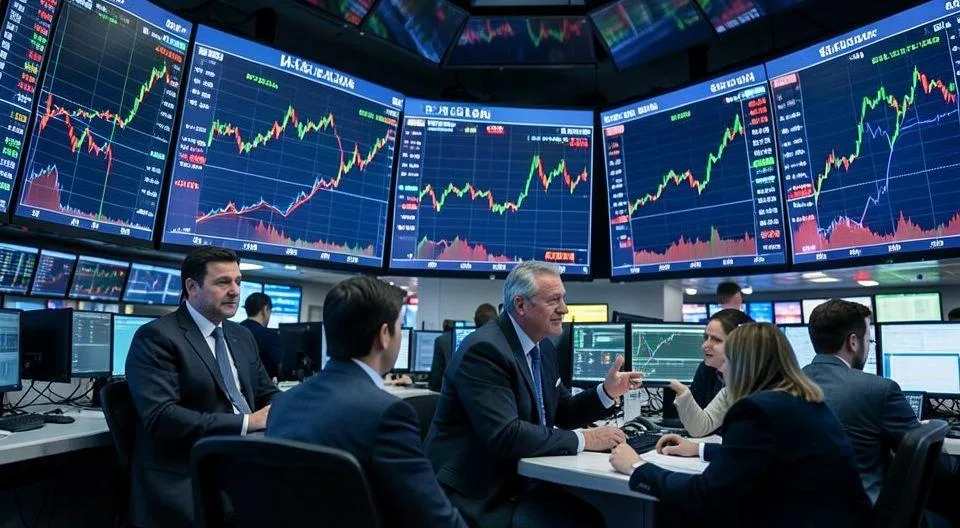 A dynamic stock market trading floor with digital displays showing sharply rising indexes and oil prices falling below $100, traders reacting with mixed emotions of relief and caution, modern financial setting with glowing screens.