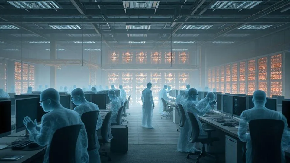 A dystopian office scene with transparent ghost-like figures fading away from workstations, while in the background glowing AI server racks and data centers are being constructed, representing the shift from human labor to AI infrastructure investment. The atmosphere is both futuristic and melancholic, with a tech company logo subtly visible.
