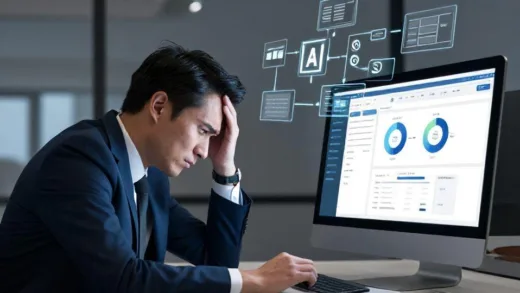 A frustrated business person looking at a computer screen showing AI-generated reports, with workflow diagrams floating in the background