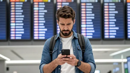 A frustrated traveler looking at a smartphone showing flight cancellation notification at an airport departure board with multiple cancelled flight displays, modern airport setting, realistic style