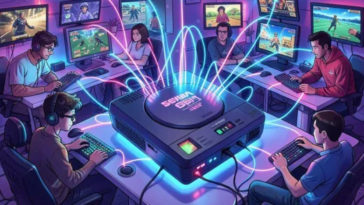 A futuristic 1990s game console, the Sega Dreamcast, connected to the internet with glowing lines, surrounded by diverse gamers enjoying online multiplayer games, vibrant and retro-futuristic, digital art.