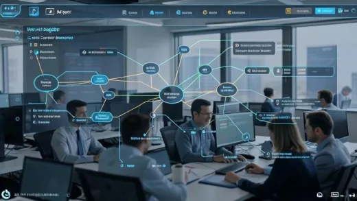 A futuristic AI agent interface showing long context memory visualization with multiple connected nodes representing complex workflows, in a professional office environment with developers collaborating.