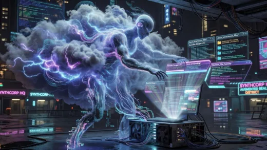 A futuristic AI agent transitioning from cloud environment to local desktop computer, managing files and applications with holographic interface, cyberpunk aesthetic