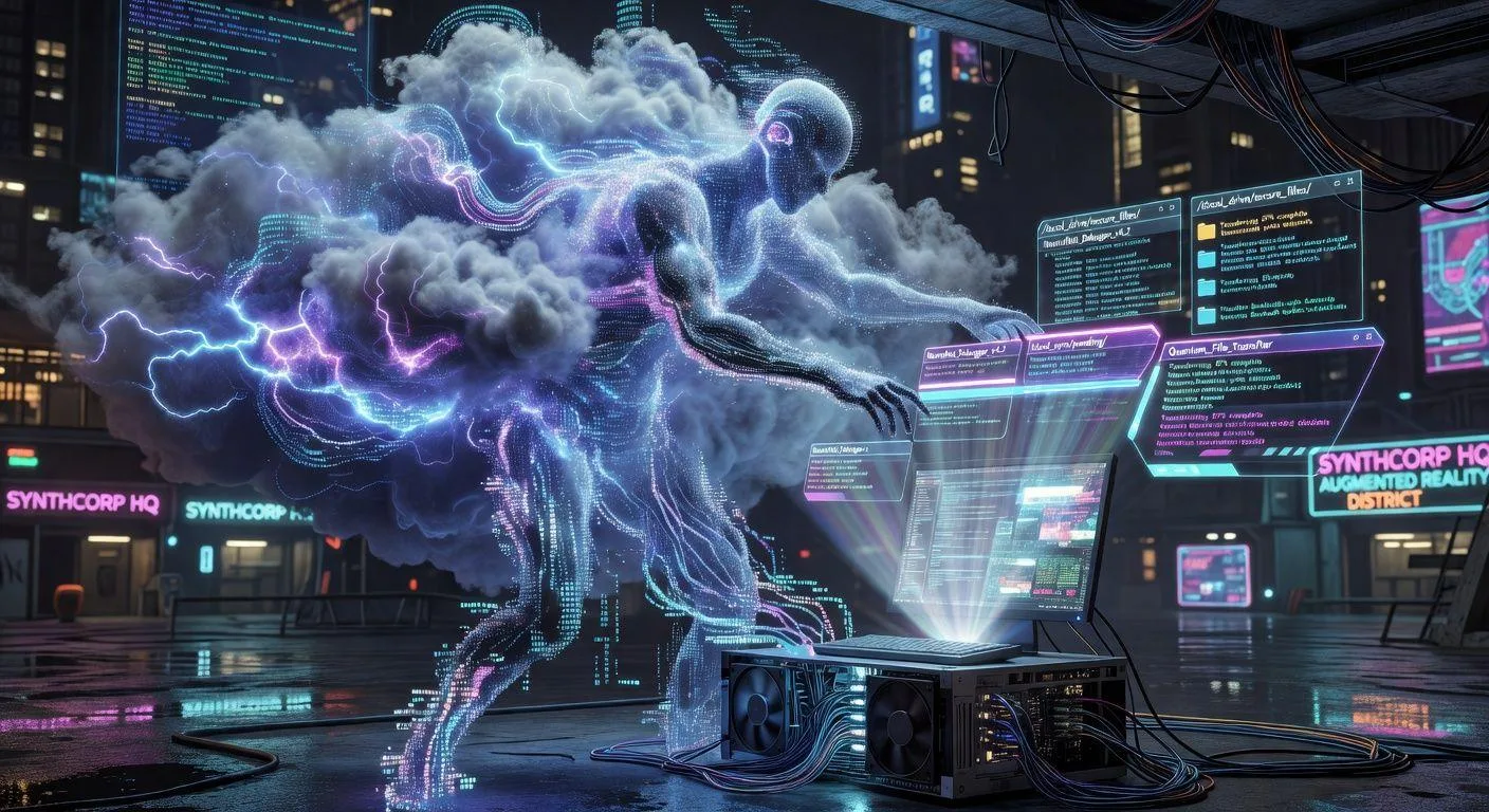 A futuristic AI agent transitioning from cloud environment to local desktop computer, managing files and applications with holographic interface, cyberpunk aesthetic