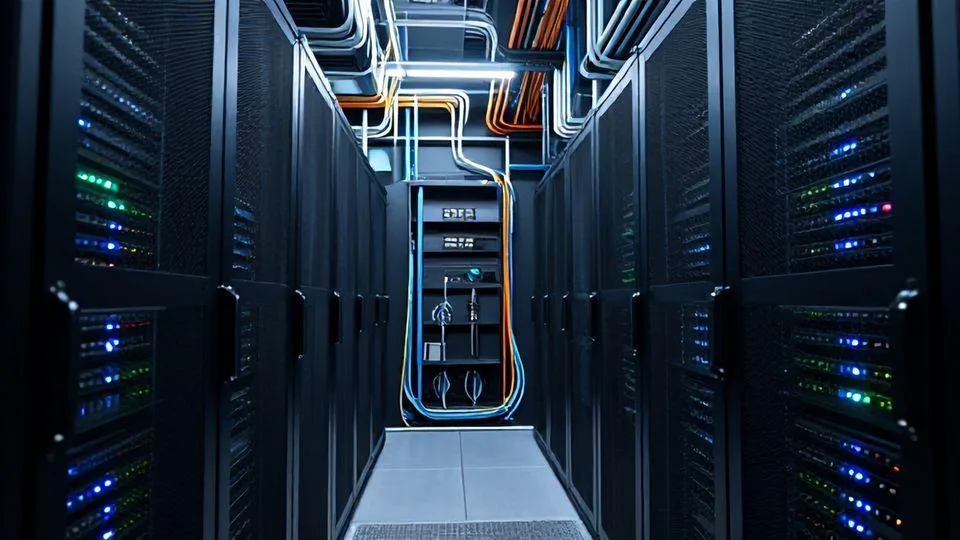 A futuristic AI data center with dense server racks, highlighted power lines and cooling pipes flowing between them, showing the critical infrastructure of power and cooling systems in a high-tech environment.