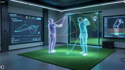 A futuristic AI golf coaching system showing real-time swing analysis with holographic overlays highlighting body angles and movement paths, set in a modern indoor golf practice room with advanced technology interfaces.