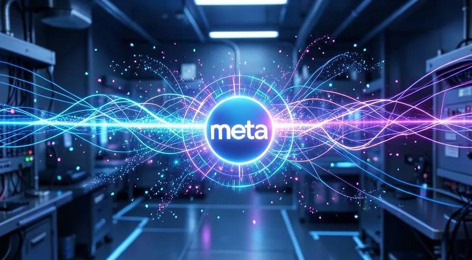 A futuristic AI model visualization with neural networks and data streams, showing Meta's logo integrated with advanced artificial intelligence technology, glowing blue and purple lights, digital particles floating around, high-tech laboratory background