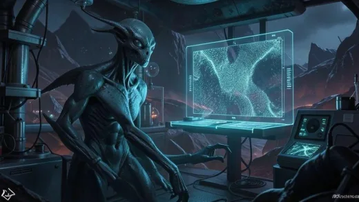 A futuristic alien species with no eyes touching a glowing interface that converts light waves into tactile textures, in a dark scientific laboratory on an alien planet.