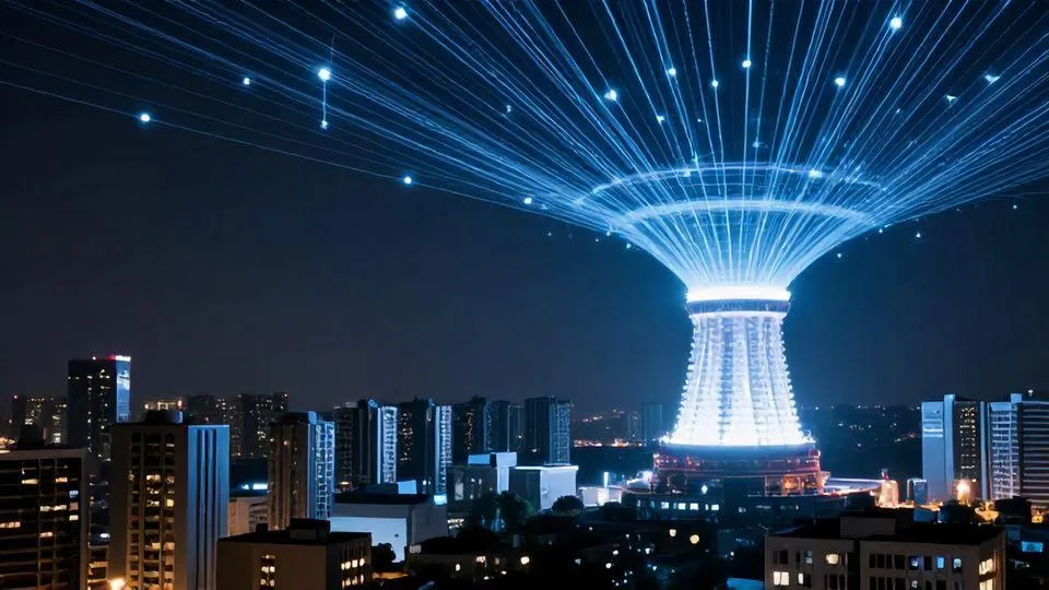 A futuristic city at night with glowing AI data streams in the sky, contrasting with a bright nuclear fusion reactor core in the background, symbolizing energy demand and future solution.