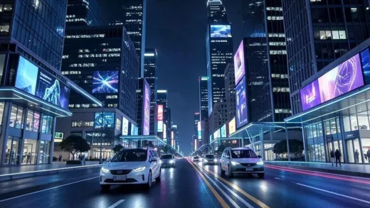 A futuristic cityscape at night with sleek autonomous taxis gliding silently along illuminated roads, passing by modern skyscrapers with digital displays, conveying a sense of advanced technology and urban efficiency.