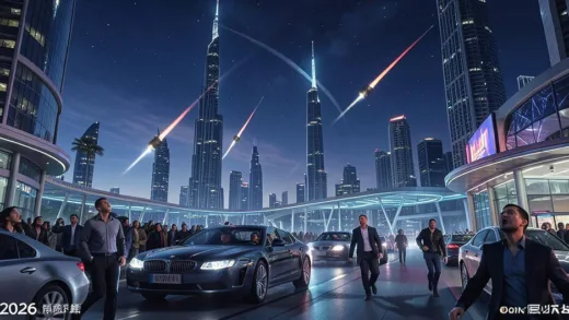 A futuristic cityscape of Dubai with missiles streaking across the night sky, people looking up in fear, and some fleeing in luxury cars, set in 2026.