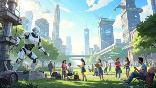 A futuristic cityscape where robots are performing all industrial tasks, while a diverse group of humans are engaged in creative activities, conversations, and leisure in a park setting, under a bright, optimistic sky, digital art.