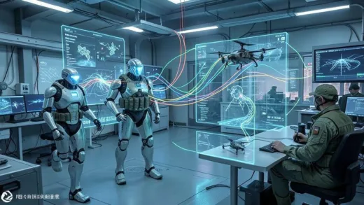 A futuristic collaboration between gaming and defense industries showing AI robots and military drones interacting in a virtual simulation environment with holographic displays and data streams flowing between game developers and defense engineers in a high-tech laboratory.