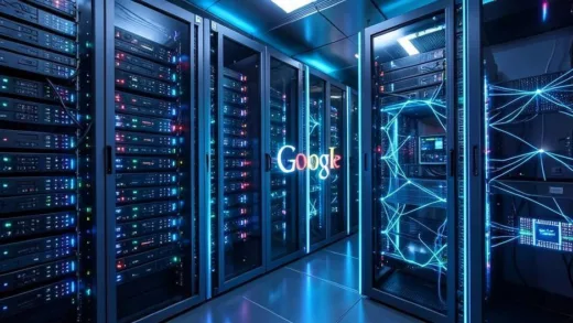 A futuristic data center, with glowing server racks representing AI infrastructure, a stylized Google logo subtly integrated, and a focus on advanced chips.