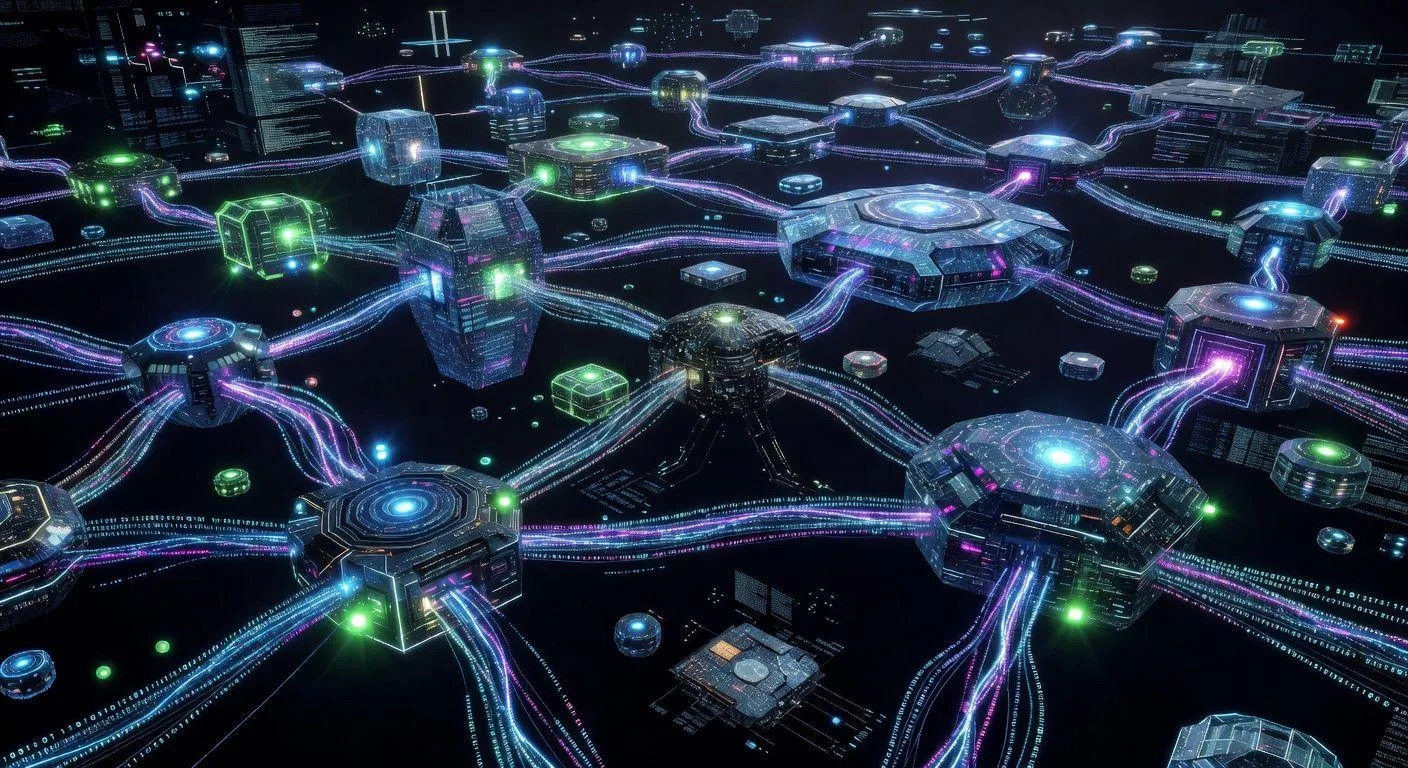 A futuristic digital ecosystem showing multiple AI agents connected through a sophisticated harness system, with data flowing between them in a complex orchestration, cyberpunk style, glowing nodes and connections, 3D rendering.