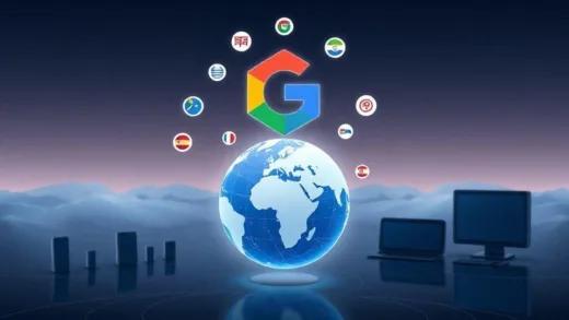 A futuristic digital illustration showing the Google Gemma 4 logo floating above a globe with multiple language symbols radiating from it, representing its multilingual capabilities. In the background, small mobile devices transition to larger workstations, symbolizing the model's scalability across different hardware.