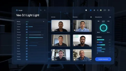 A futuristic digital interface showing Google's Veo 3.1 Light video generation with price comparison charts, AI generating multiple video clips simultaneously, with glowing efficiency metrics and cost reduction indicators in a sleek tech environment.