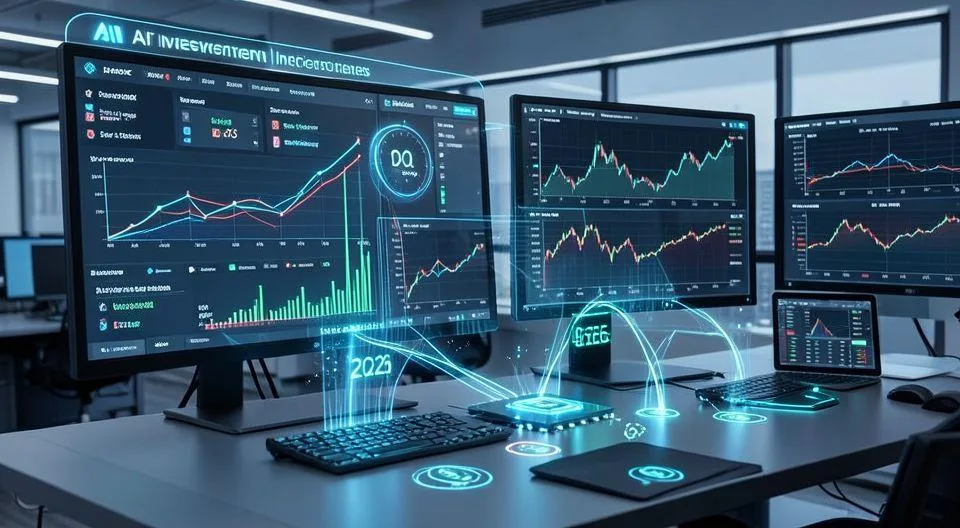A futuristic financial market dashboard showing AI technology investments flowing into infrastructure sectors like semiconductors and data centers, with holographic charts and graphs displaying growth trends in 2026, digital money flowing toward chip icons, modern office setting with multiple monitors showing stock data.