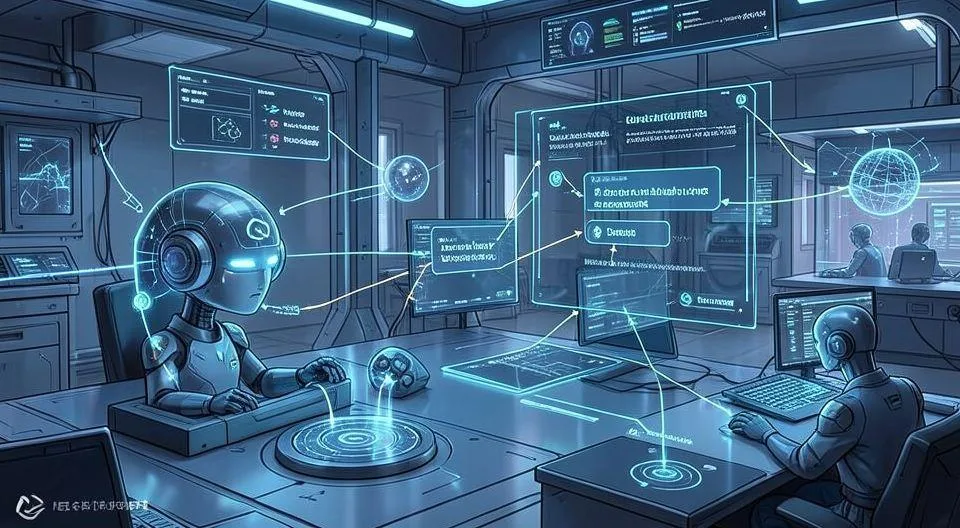 A futuristic illustration showing AI agents autonomously working on complex tasks, with one AI agent setting goals and coordinating with other digital entities in a high-tech environment.