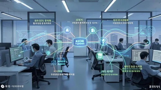 A futuristic illustration showing the evolution from coding agents to work agents to life agents, with AI assistants helping professionals in office environments, digital interface elements floating around, glowing connections between different AI stages, modern office setting with Korean text elements