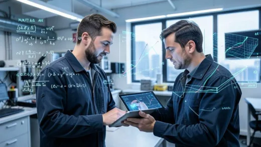 A futuristic image showing a human engineer collaborating with an AI assistant on a tablet, with complex mathematical equations and 3D graphs floating around them, representing MATLAB and engineering design. The scene is set in a modern, well-lit engineering lab.