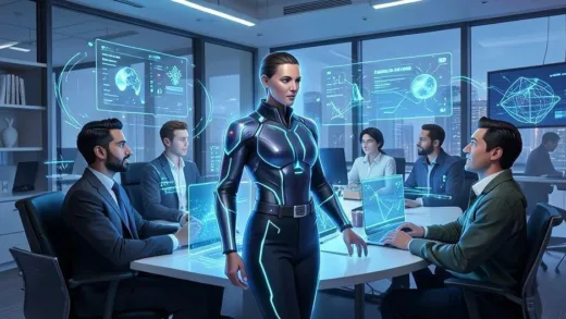 A futuristic leader guiding a diverse team with AI holograms in the background, representing Agentic AI seed technology in a modern office setting, digital art style with glowing elements