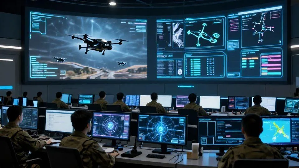 A futuristic military command center with AI holographic displays showing drone swarms and satellite data, soldiers monitoring real-time battlefield analytics, cyber warfare interfaces glowing with digital maps and threat assessments, in a high-tech operations room with multiple screens and neural network visualizations.