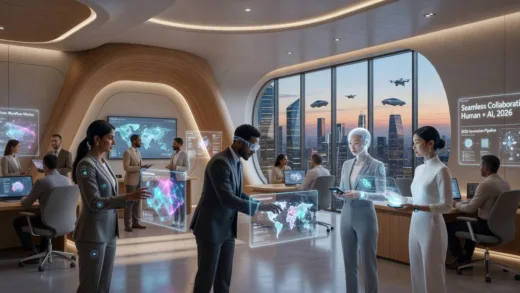 A futuristic office setting where diverse professionals collaborate using AI interfaces and holographic displays, showing seamless human-AI interaction in 2026 workplace environment