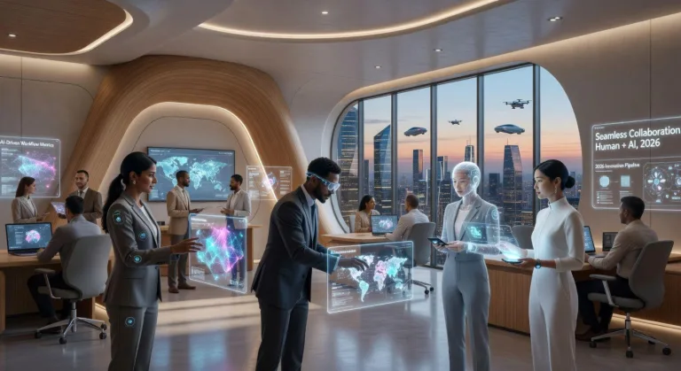 A futuristic office setting where diverse professionals collaborate using AI interfaces and holographic displays, showing seamless human-AI interaction in 2026 workplace environment