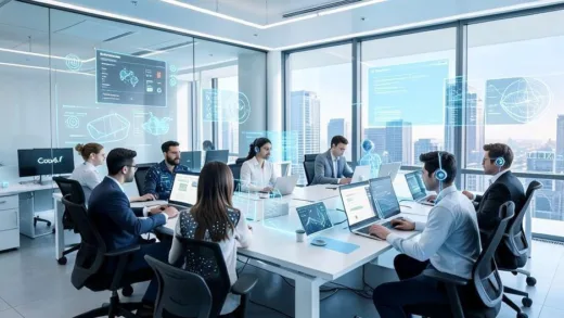 A futuristic office where humans and AI agents collaborate seamlessly, holographic interfaces floating around, Google AI tools integration, bright and modern atmosphere, diverse team working together
