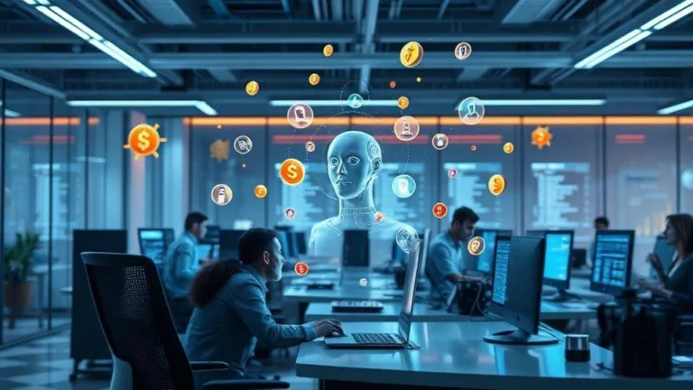 A futuristic office workspace showing AI workflow optimization with digital tokens flowing between human and AI interface, concept of productivity and data processing