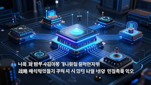 A futuristic quantum computing ecosystem showing multiple hardware components connected through optimized workflow pipelines, with Korean text overlay about strategic workflow optimization in the quantum industry