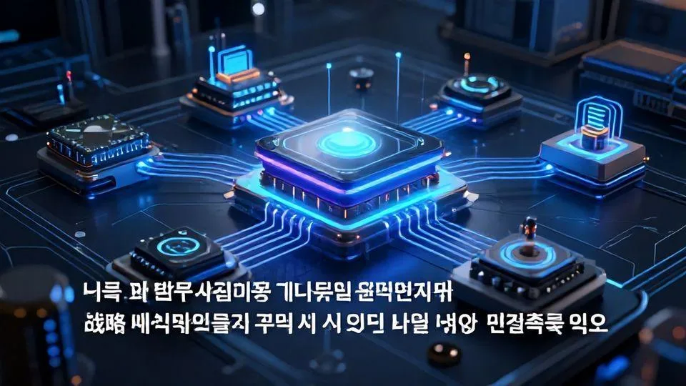 A futuristic quantum computing ecosystem showing multiple hardware components connected through optimized workflow pipelines, with Korean text overlay about strategic workflow optimization in the quantum industry