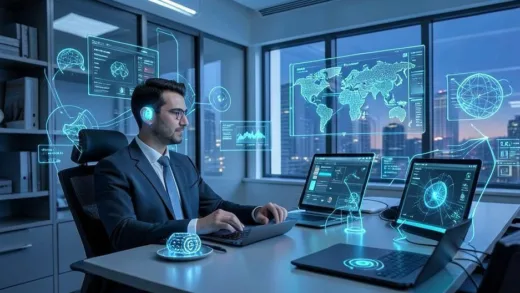 A futuristic scene showing a human entrepreneur working alongside multiple AI agent assistants in a modern digital workspace, holographic interfaces floating in the air, symbolic of the agentic AI era.