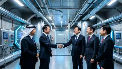 A futuristic, secure underground oil storage facility in South Korea, with a focus on modern infrastructure and advanced technology. Diplomatic figures from Middle Eastern countries shaking hands with South Korean officials.